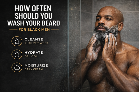 Bald Black man lathering beard in shower showing proper beard washing routine for Black men to prevent dryness and maintain healthy beard growth.