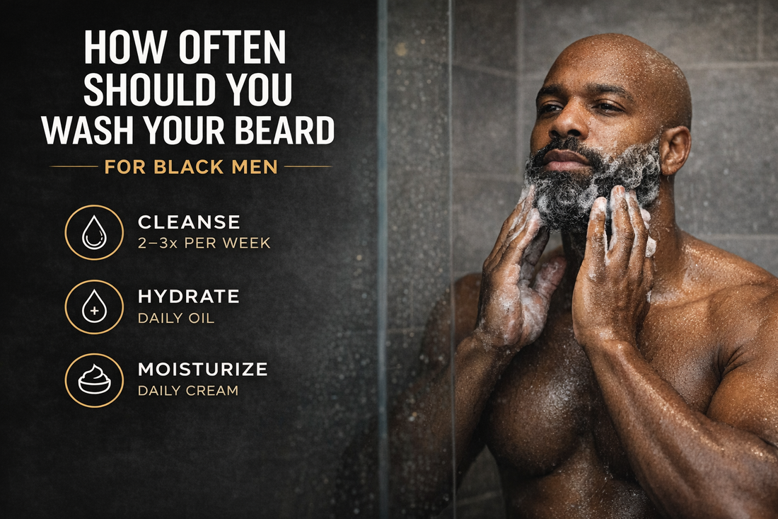 Bald Black man lathering beard in shower showing proper beard washing routine for Black men to prevent dryness and maintain healthy beard growth.