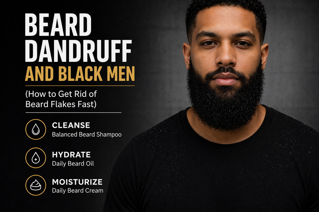 Biracial Black man with full beard showing light beard dandruff flakes on shirt, illustrating how to treat beard dandruff for Black men with proper beard care routine.