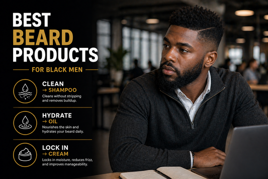 Black man with full beard in a modern office setting, highlighting the best beard products for Black men including beard shampoo, beard oil, and beard cream for coarse hair.