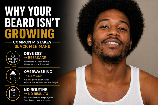 Black man with afro and patchy beard illustrating why beard growth is slow, with text about common beard care mistakes Black men make like dryness, overwashing, and lack of routine.