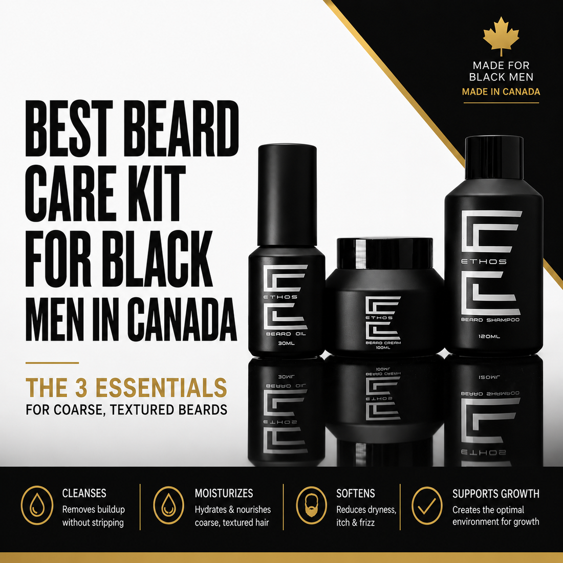 Ethos beard care kit for Black men in Canada featuring beard oil, beard cream and beard shampoo for coarse textured beards