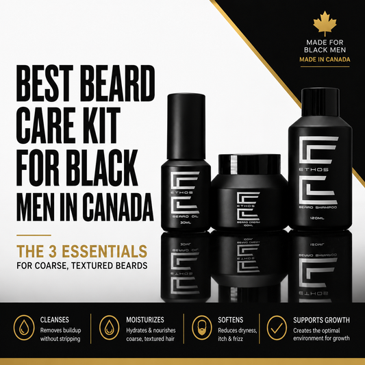 Ethos beard care kit for Black men in Canada featuring beard oil, beard cream and beard shampoo for coarse textured beards
