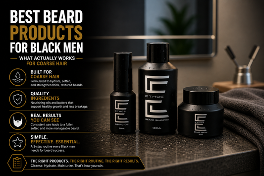 Best beard products for Black men shown with beard oil, shampoo, and cream, highlighting a routine for coarse hair to improve hydration, reduce breakage, and support beard growth.