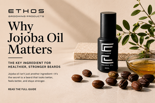 Ethos-style beard oil product image highlighting jojoba oil in a premium formula for coarse beard hair