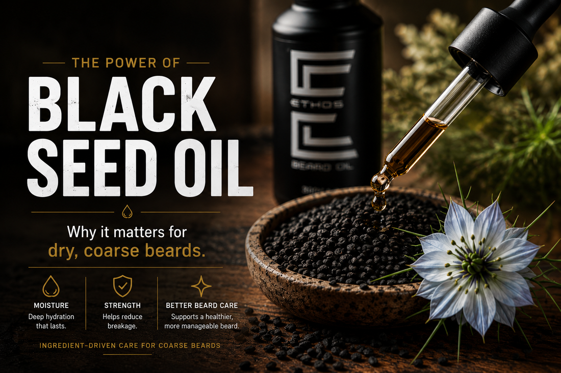 Close-up of black seed oil and seeds with Ethos beard oil, illustrating how black seed oil helps hydrate, strengthen, and improve beard care for coarse hair.