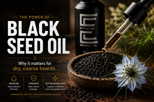 Close-up of black seed oil and seeds with Ethos beard oil, illustrating how black seed oil helps hydrate, strengthen, and improve beard care for coarse hair.